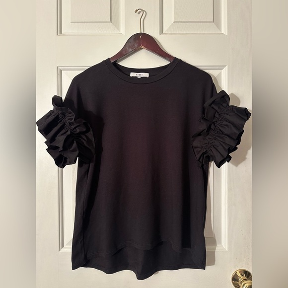 RO & DE XS Black SOFT Stretchy Crew Neck Ruffled Sleeve Smile Hem Hi Lo MADE USA - Picture 4 of 11